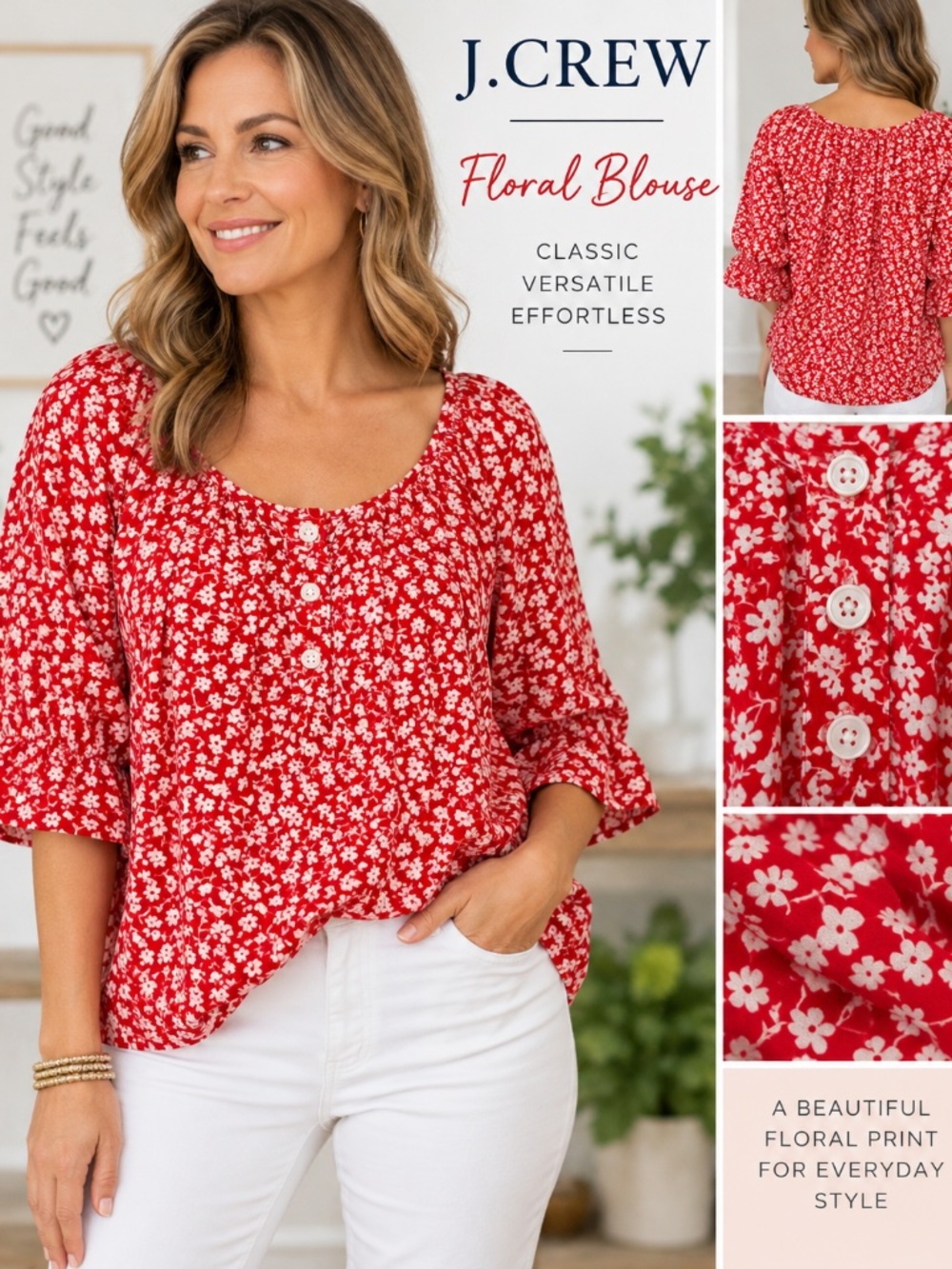 J.Crew Red & White Floral Blouse Size Small